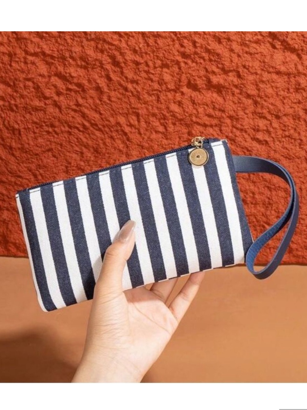 Navy and White Striped Wristlet Pouch